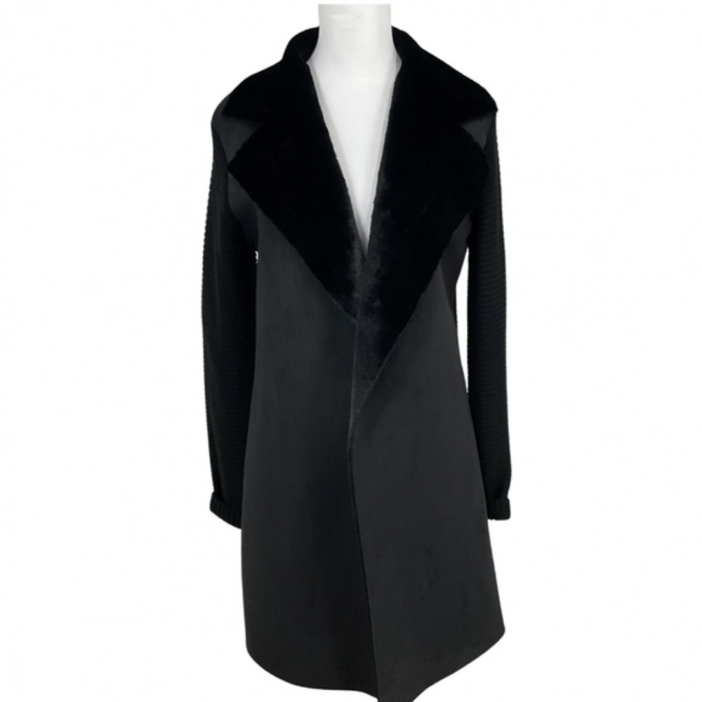 Love Token Black Rib-Knit Cardigan Sweater with Faux Fur & Micro Suede Trim